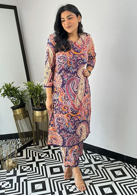 Purple Printed Viscose Kurta Set