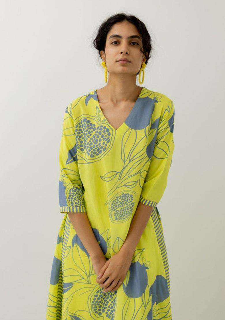 Yellow Printed Viscose Kurta Set