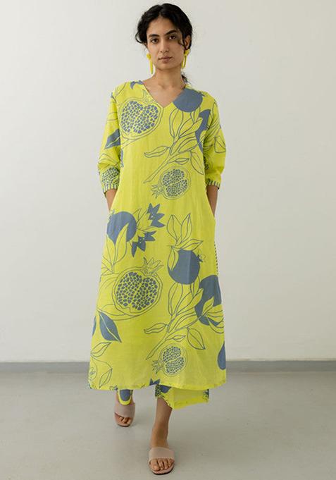 Yellow Printed Viscose Kurta Set