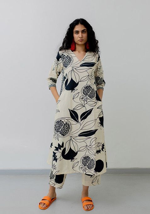 White Printed Viscose Kurta Set