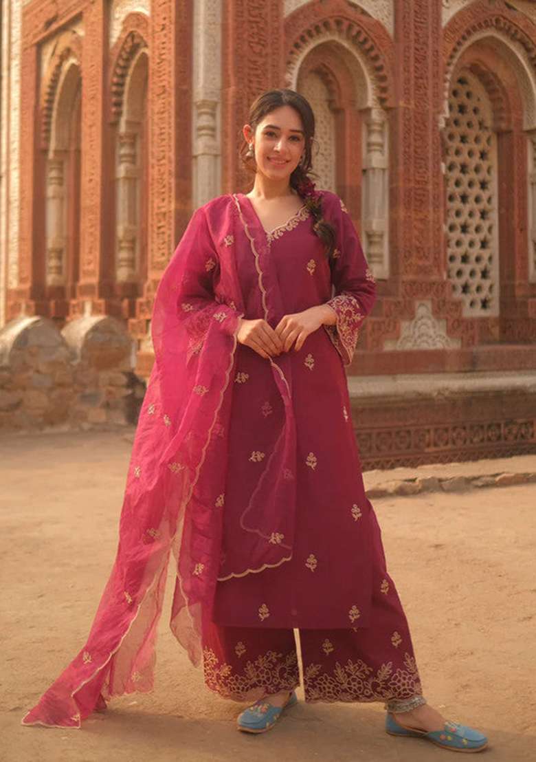 Wine Embroidered Viscose Silk Blend Kurta Set - Indya