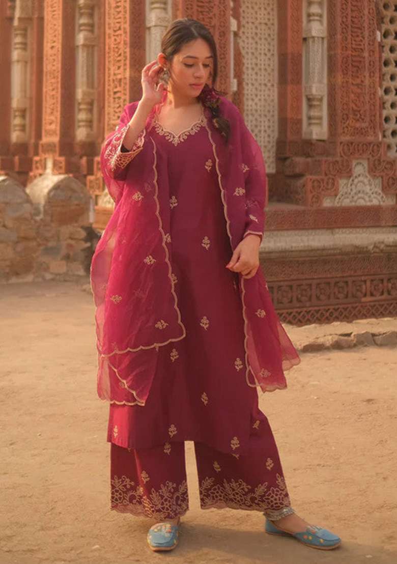 Wine Embroidered Viscose Silk Blend Kurta Set - Indya