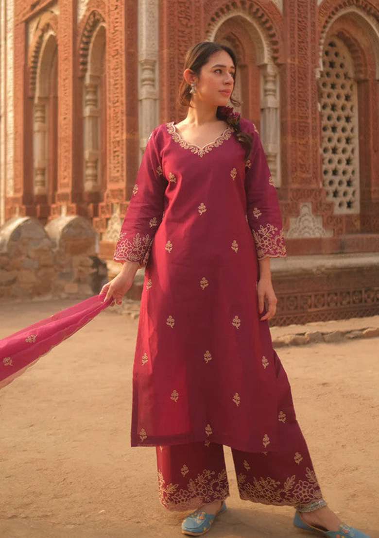 Wine Embroidered Viscose Silk Blend Kurta Set - Indya