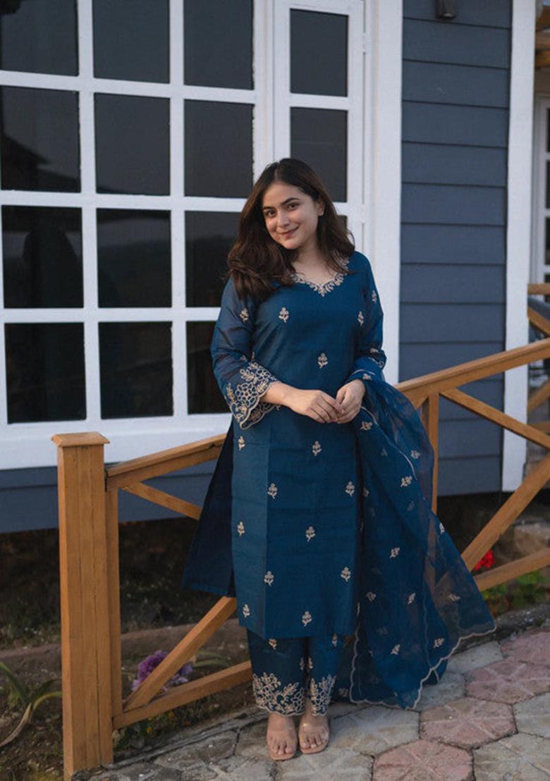 Teal Blue Embroidered Viscose Silk Kurta Set