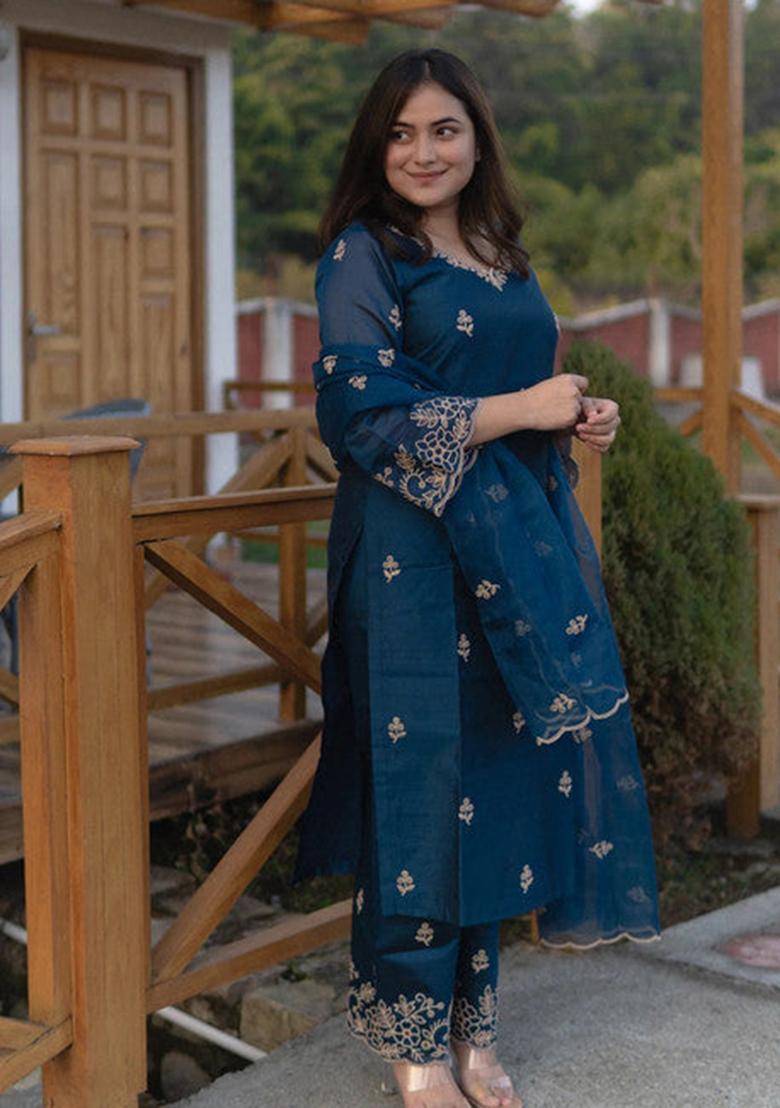 Teal Blue Embroidered Viscose Silk Kurta Set