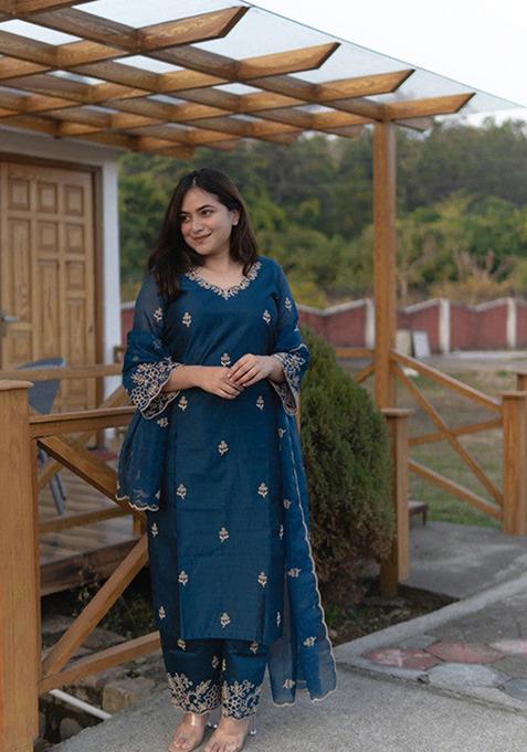 Teal Blue Embroidered Viscose Silk Kurta Set