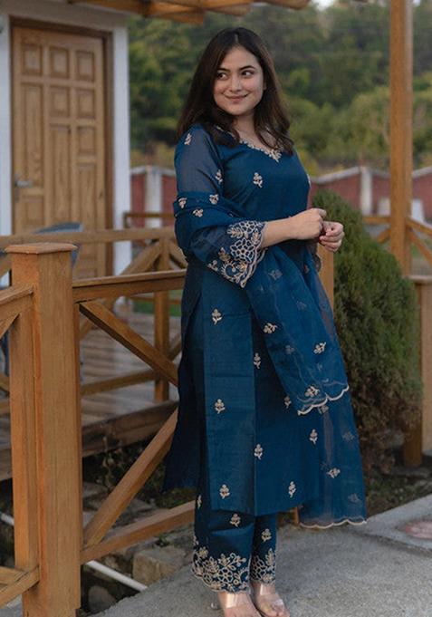 Teal Blue Embroidered Viscose Silk Kurta Set