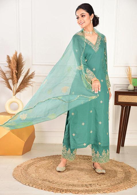 Pine Green Embroidered Viscose Chanderi Kurta Set