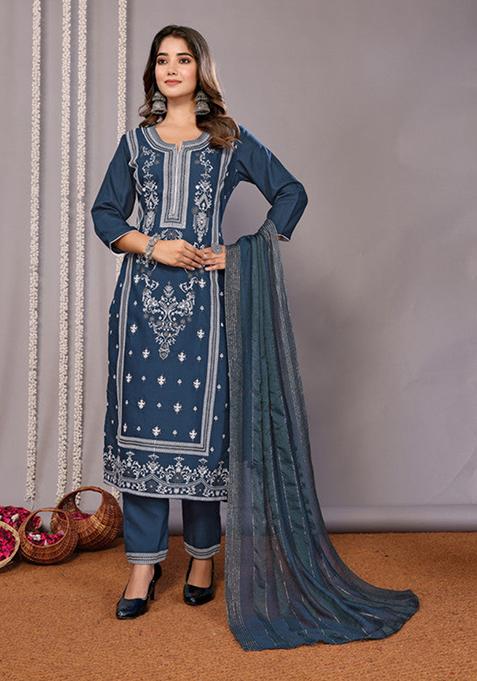 Teal Blue Printed Cotton Blend Kurta Set