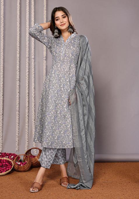 Grey Printed Cotton Blend Kurta Set