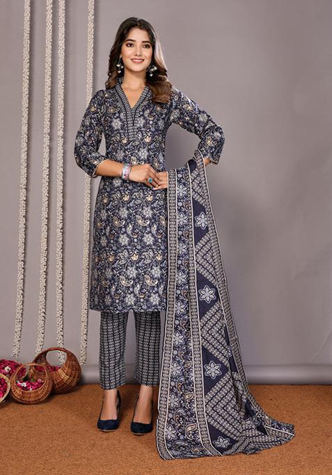 Black Printed Cotton Blend Kurta Set