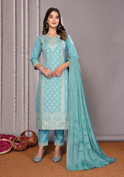 Turquoise Blue Printed Cotton Blend Kurta Set