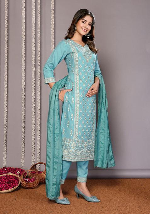 Women Turquoise Blue Stripe Printed Kurta