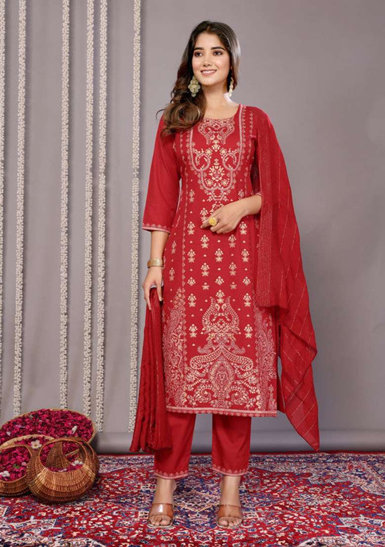 Red Embroidered Cotton Pakistani Suit Set - Indya