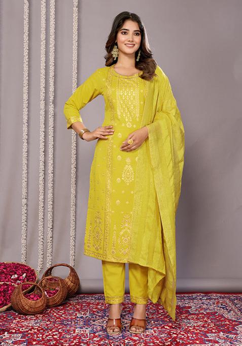 Yellow Printed Cotton Blend Kurta Set