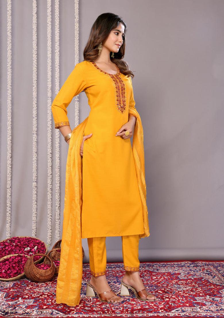 Mustard Embroidered Cotton Blend Kurta Set