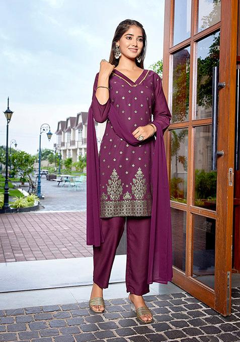 Purple Printed Crepe Kurta Set