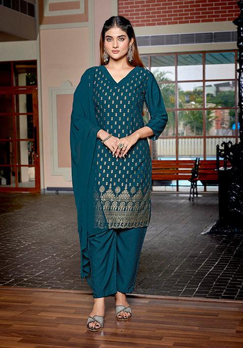 Teal Green Printed Crepe Kurta Set