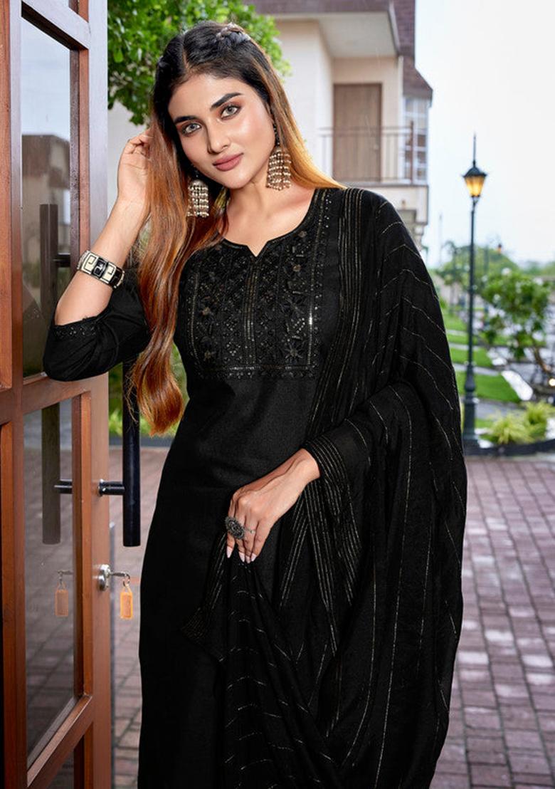 Black Embroidered Cotton Blend Kurta Set
