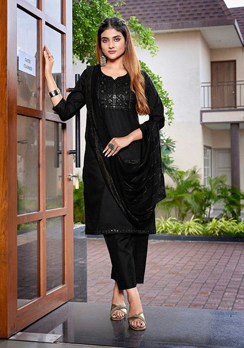 Black Embroidered Cotton Blend Kurta Set