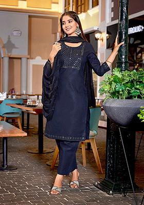 Navy Blue Embroidered Cotton Blend Kurta Set
