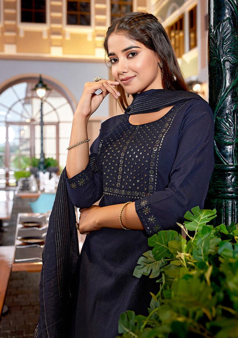 Navy Blue Embroidered Cotton Blend Kurta Set