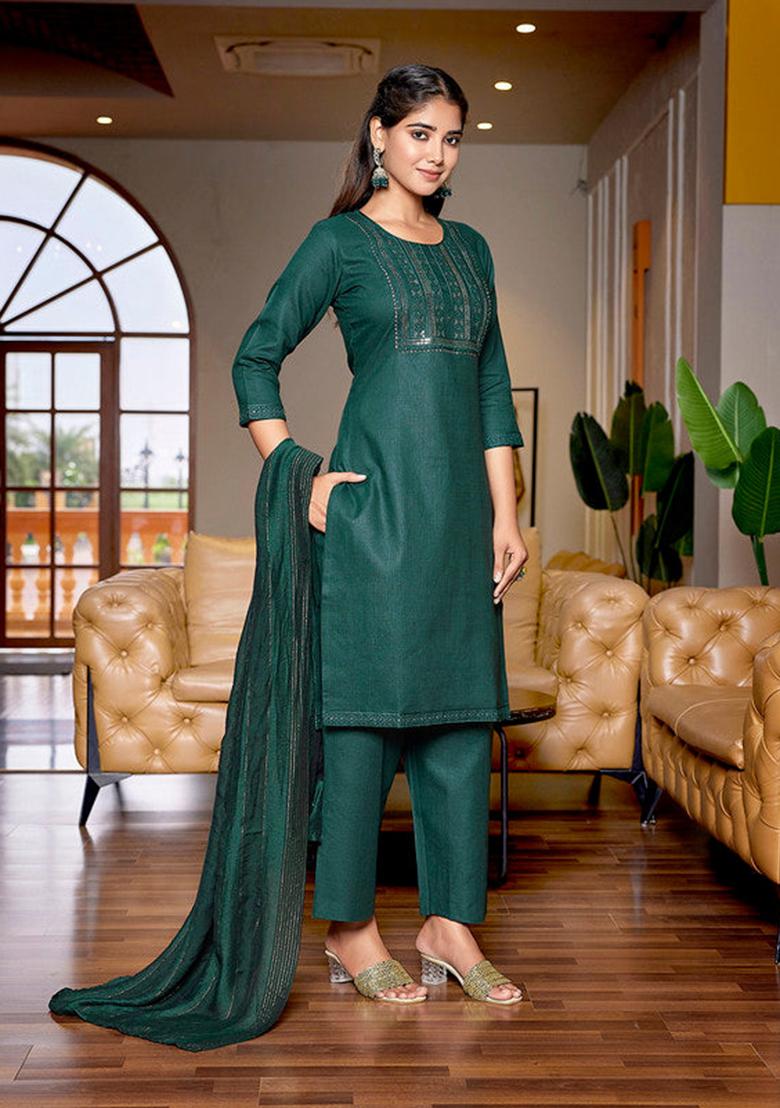Bottle Green Embroidered Cotton Blend Kurta Set