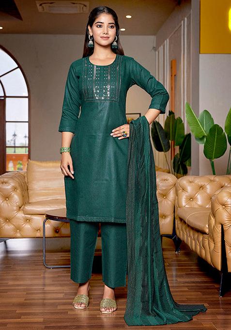 Bottle Green Embroidered Cotton Blend Kurta Set