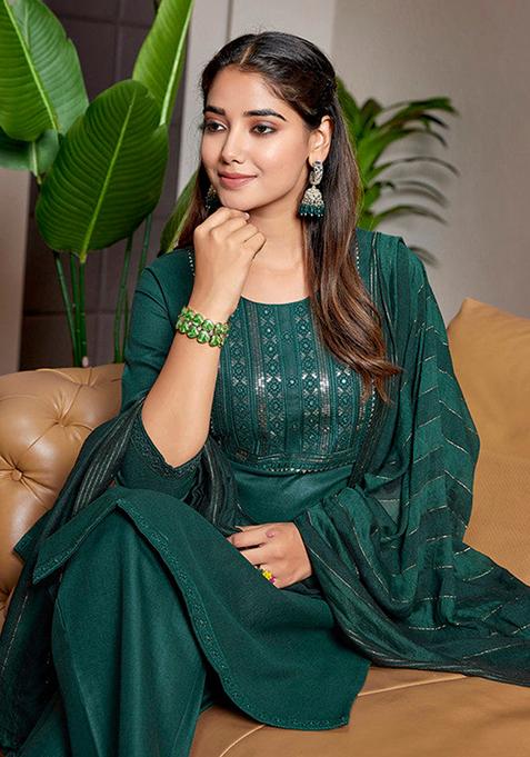Bottle Green Kurta Cotton Art Silk With Embroidery Chudidar main image 1