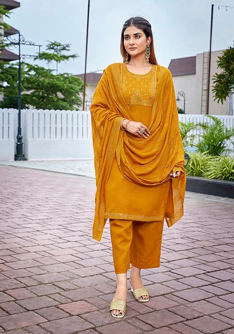 Mustard Embroidered Cotton Blend Kurta Set