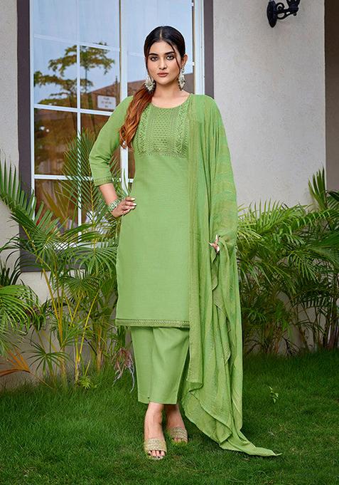 Light Green Embroidered Cotton Blend Kurta Set