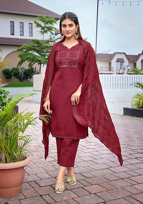 Maroon Embroidered Cotton Blend Kurta Set