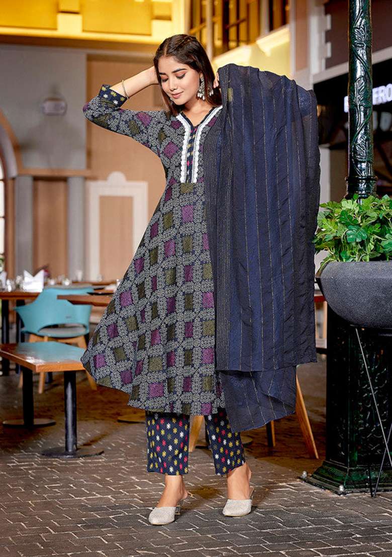 Navy Blue Printed Cotton Straight Kurta Set - Indya