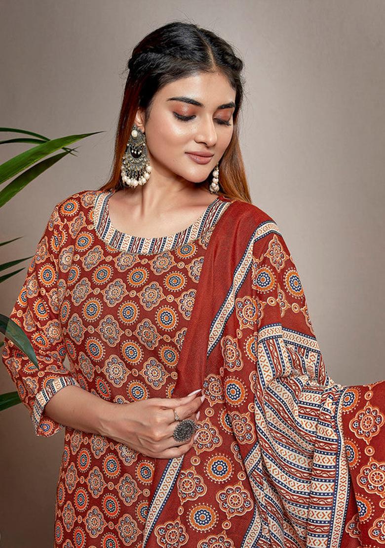 Brown Printed Cotton Blend Kurta Set - Indya