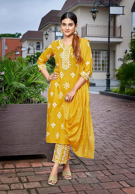 Mustard Printed Cotton Blend Kurta Set