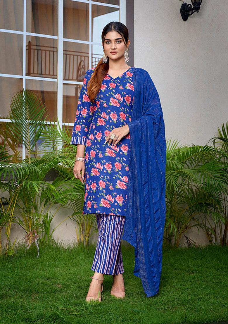 Blue Printed Cotton Blend Kurta Set