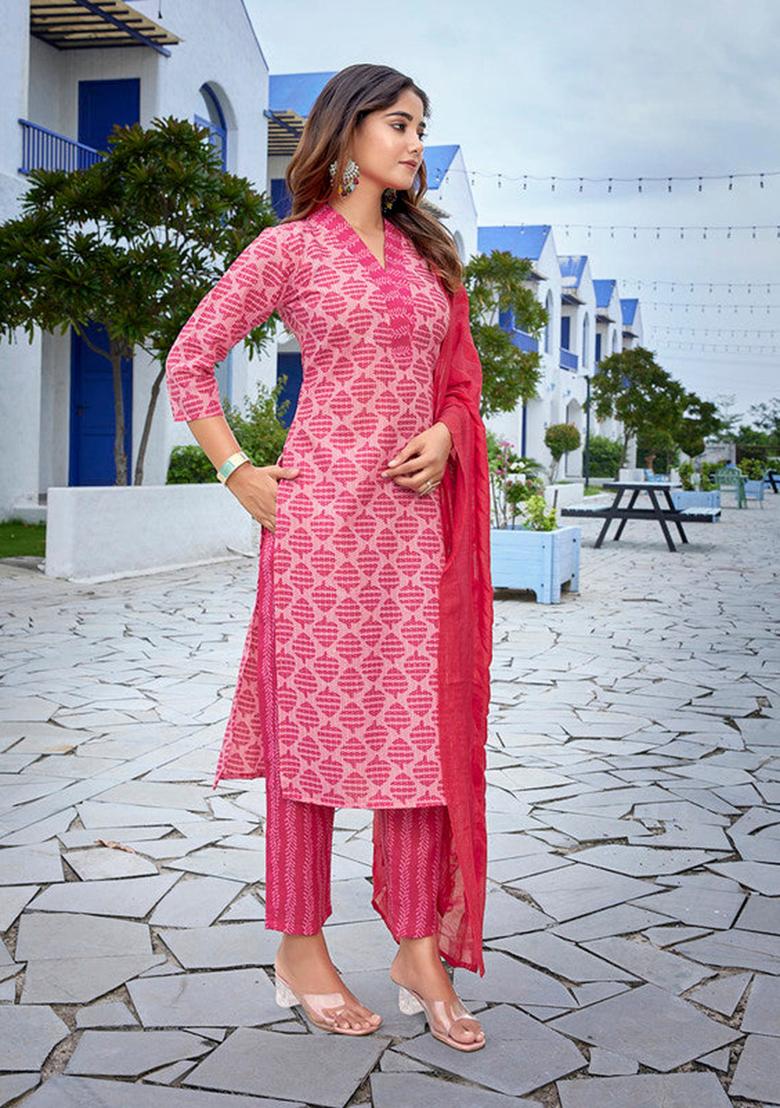 Pink Printed Cotton Blend Kurta Set