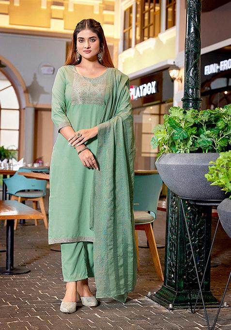 Pista Green Solid Cotton Blend Kurta Set