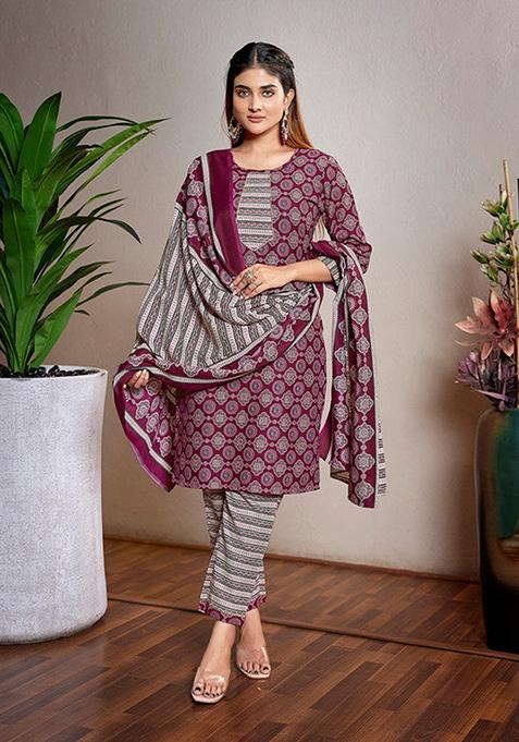 Purple Printed Cotton Blend Kurta Set