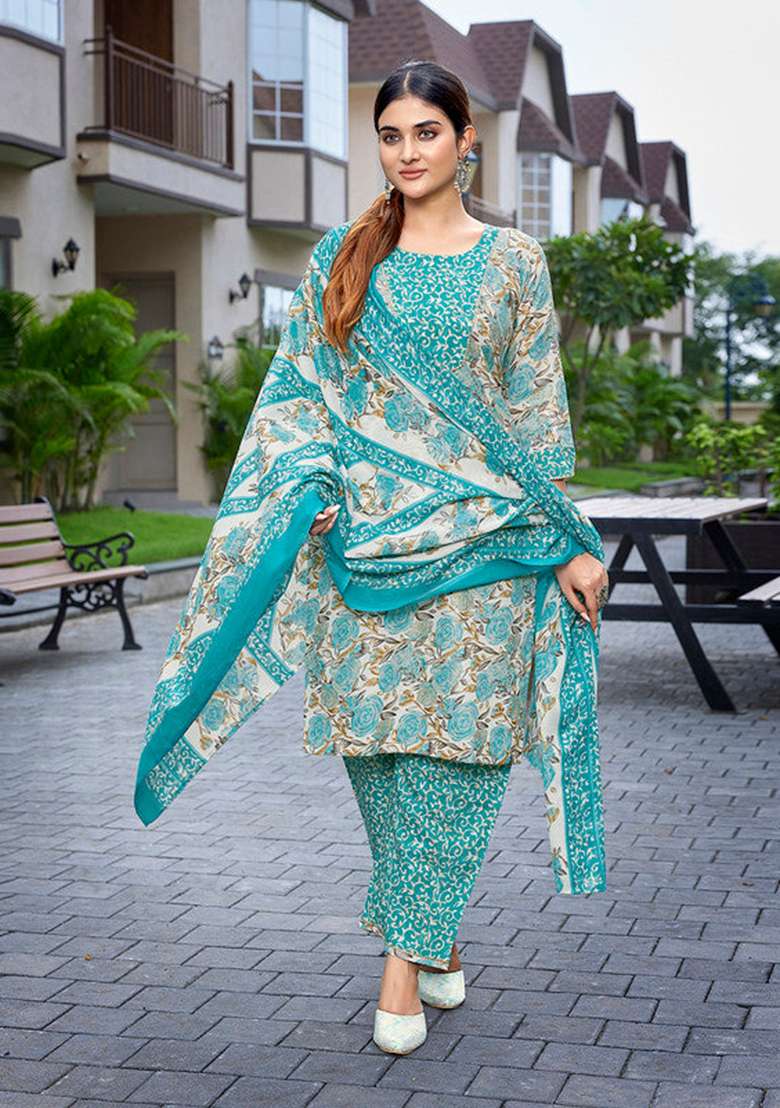 Sea Green Floral Print Cotton Straight Kurta Set - Indya