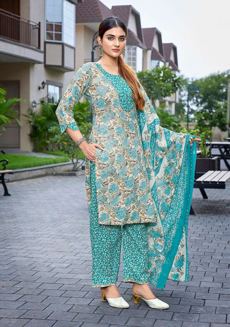 Sea Green Floral Print Cotton Straight Kurta Set - Indya
