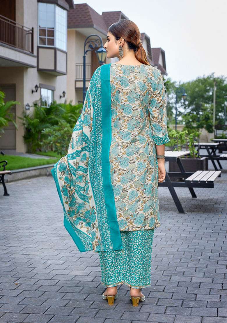 Sea Green Floral Print Cotton Straight Kurta Set - Indya