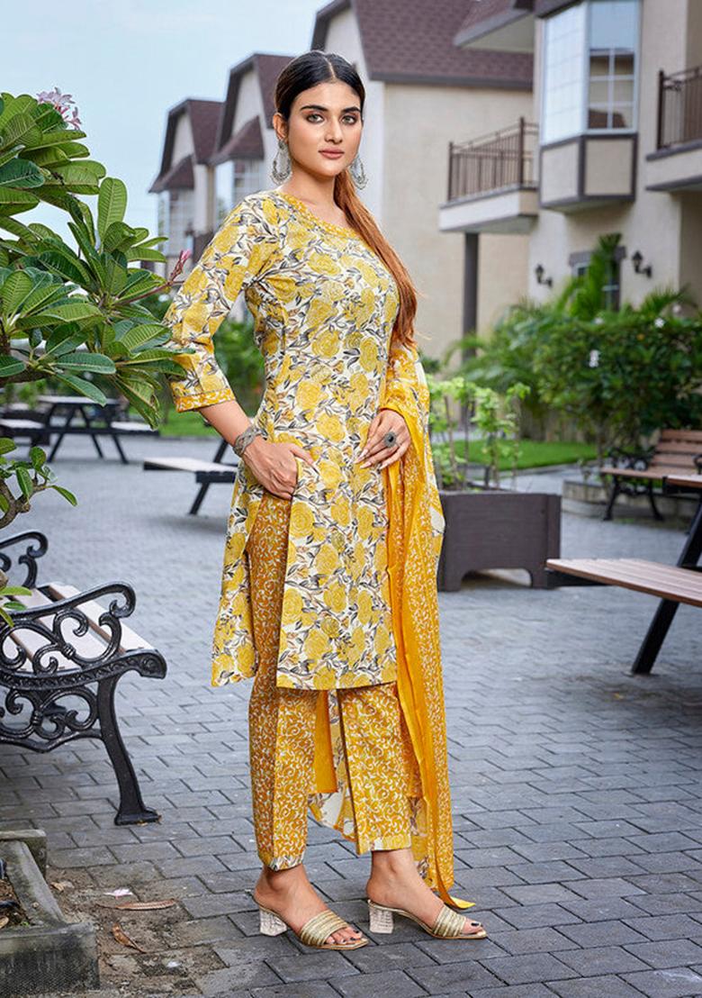 Yellow Printed Cotton Blend Kurta Set