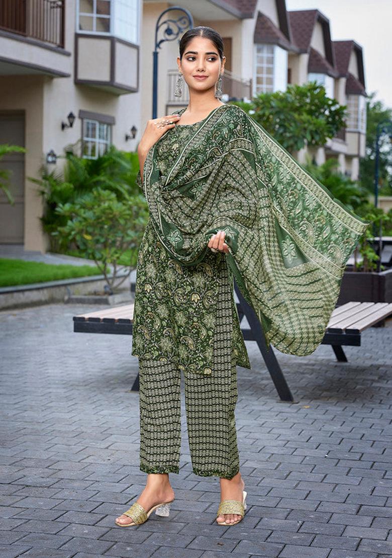 Bottle Green Printed Cotton Blend Kurta Set