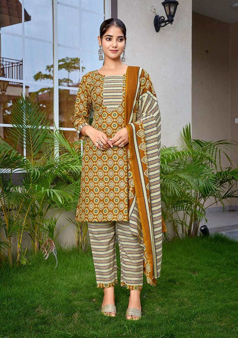 Mustard Printed Cotton Straight Kurta Set - Indya