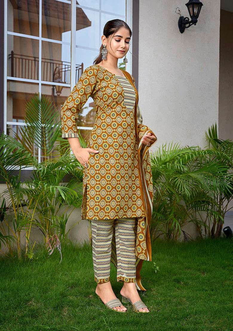 Mustard Printed Cotton Straight Kurta Set - Indya