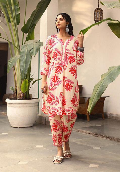 Red And Beige Printed Cotton Blend Kurta Set