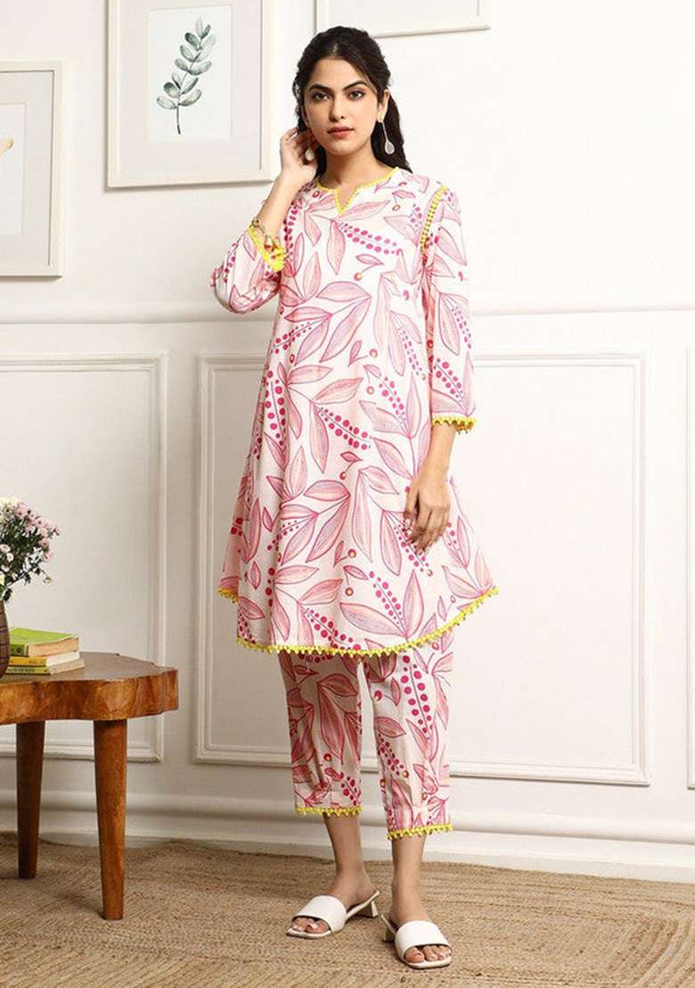 Pink Floral Print Blended A Line Kurta Set - Indya