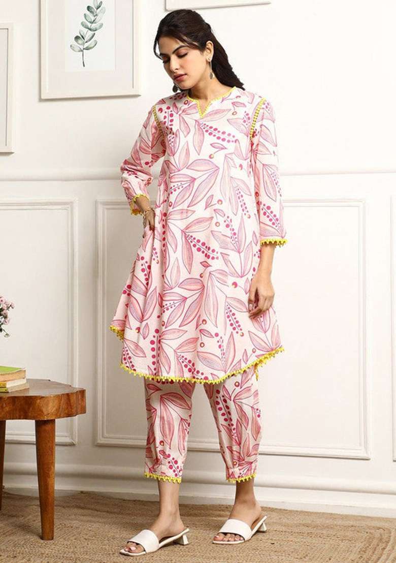 Pink Floral Print Blended A Line Kurta Set - Indya