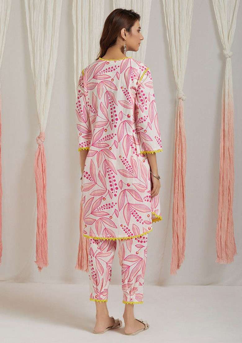 Pink Floral Print Blended A Line Kurta Set - Indya